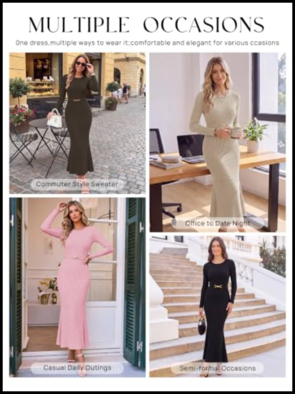 Long Sleeve Bodycon Sweater Dress Crewneck Ribbed Knit Midi Work - Picture 3 of 6